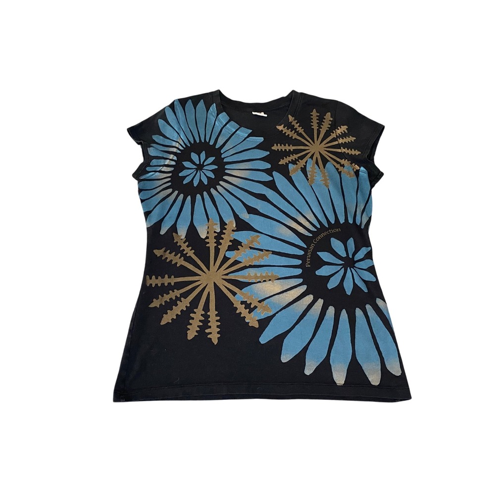Peruvian Connection Black Blue Gold Floral Sunburst Cap Sleeve Tee Top Large